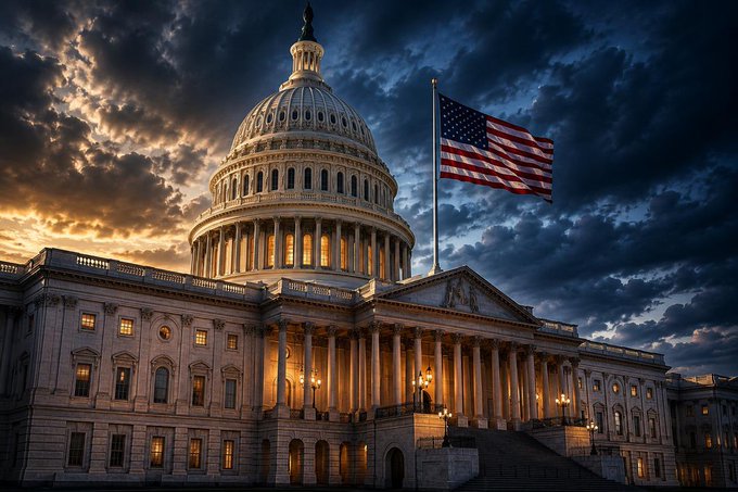 The U.S. Capitol building is shown at dusk with the American flag flying, under a dramatic cloudy sky as warm lights illuminate the iconic dome and columns. The image's depiction of the seat of U.S. legislative power visually anchors the post's discussion of how government-issued economic data like the CPI is shaped more by market forces and media narratives than by its actual impact, reinforcing the message that political institutions play a role in setting the stage for market manipulation.