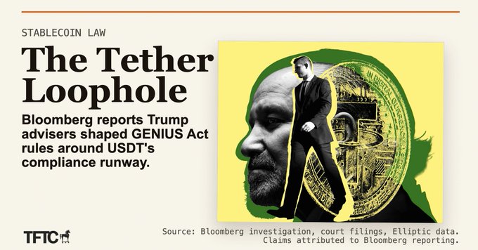 Bloomberg headline reads "The Tether Loophole" under a "STABLECOIN LAW" tag, with a subheadline stating "Bloomberg reports Trump advisers shaped GENIUS Act rules around USDT's compliance runway," featuring stylized imagery of Howard Lutnick overlaid on a Tether-branded coin design.