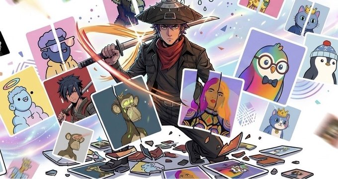 The image features a cowboy-hatted anime character wielding a sword, surrounded by colorful floating NFT-style trading cards of various characters including owls, penguins, and warriors. This visually represents the NFT minting tribute mentioned in the post, with the collection of digital cards symbolizing the monthly NFT output that generated $2854 between August 1st-30th.