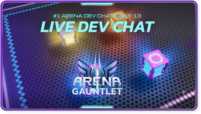 A promotional graphic for "Arena Gauntlet" featuring the text "#1 ARENA DEV CHAT | JULY 13" and "LIVE DEV CHAT" against a futuristic hexagonal background with glowing cubes. The image visually reinforces the post's announcement of a live developer chat discussing Illuvium Arena topics like balance, onboarding, and Set 1B.