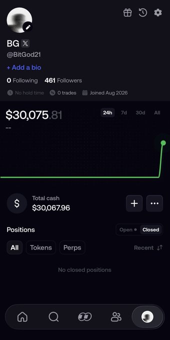 A Fomo app profile screen for "BG" (@BitGod21) displaying a $30,075.81 portfolio with $30,067.96 in total cash and 461 followers, alongside a message inviting others to send tickers to their newly created wallet at fomo.family/r/BitGod21.