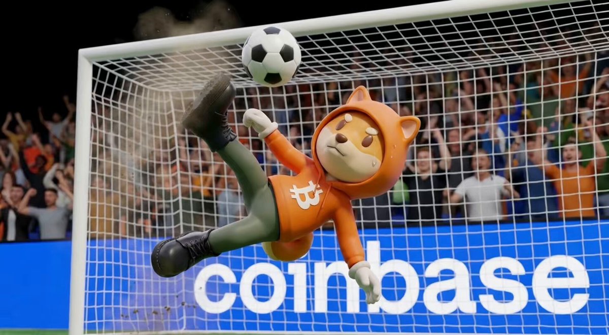 The image features a cartoon dog wearing an orange hoodie, kicking a soccer ball into a goal during a soccer match. The scene takes place at a soccer field with a crowd of people watching from behind a net. A banner can be seen in the background that says "Day 277 @CoinbaseMarkets Sometimes ₿elief...changes everything". This suggests that the image is related to Coinbase, possibly as part of an advertisement or promotional campaign for the cryptocurrency exchange. The cartoon dog and soccer ball represent the fun and excitement associated with sports and digital assets like Bitcoin.