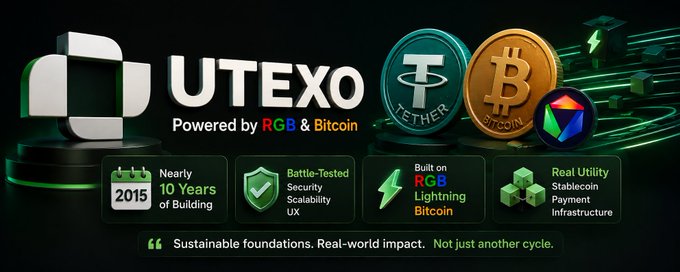 A promotional graphic for 'UTEXO' displays 'Powered by RGB & Bitcoin' with coin graphics for Tether and Bitcoin, highlighting features like 'Nearly 10 Years of Building', 'Battle-Tested Security Scalability UX', 'Built on RGB Lightning Bitcoin', and 'Real Utility Stablecoin Payment Infrastructure'.