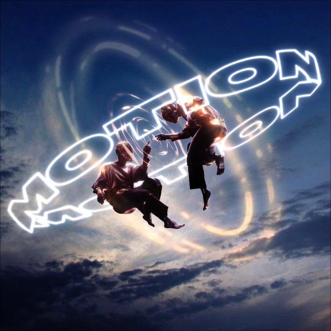 The image is the album cover for *Motion Sickness: Motion Sickness* by the indie rock duo Harrison Mills and Clayton Howard, featuring the duo suspended in mid-air against a dramatic cloudy sky with the album title illuminated in glowing neon text. It fits the post's joke about needing actual "motion" to validate a musical movement, since the band is literally mid-fall and the word "motion" is literally in their name and album title.