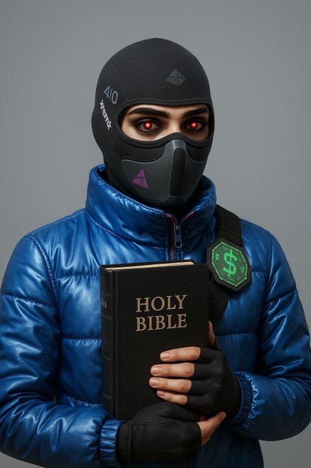 A stylized figure wearing a black balaclava with glowing red eyes, a respirator mask, and a blue puffer jacket holds a 'HOLY BIBLE' book, adorned with a green Bitcoin emblem patch.