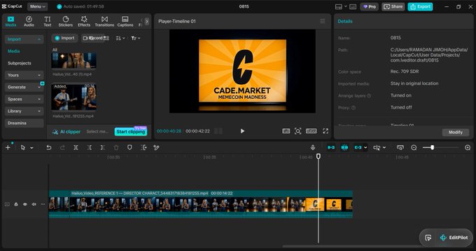 A screenshot of the CapCut video editing software interface with a project named '0815' open, showing a yellow thumbnail for 'CADE.MARKET' and a timeline with media clips.