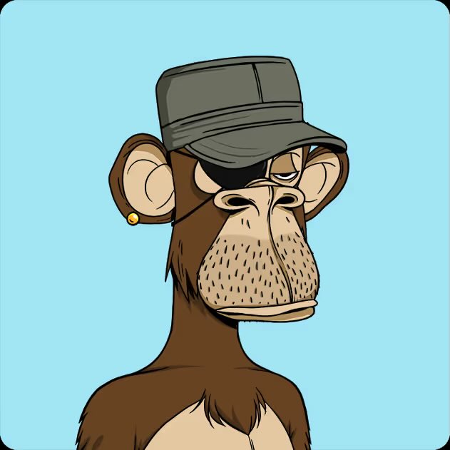 A cartoon illustration of a bored-looking brown monkey wearing a gray cap and an eye patch, set against a light blue background.