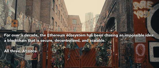 A graphic of a graffiti-covered urban alleyway with overlaid text reading: 'For over a decade, the Ethereum ecosystem has been chasing an impossible idea: a blockchain that is secure, decentralized, and scalable. All three. At once.'