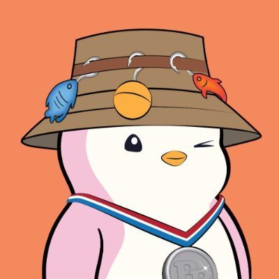 An illustration of a cute pink penguin mascot wearing a brown bucket hat featuring small blue and red fish decorations, set against an orange background.