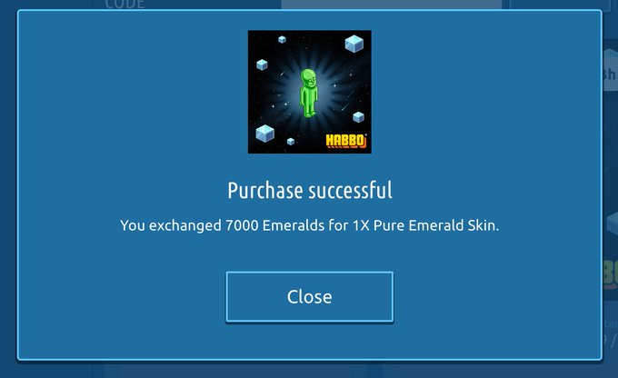A 'Purchase successful' screen from a mobile game showing a green character skin labeled 'HABBO', exchanged for 7000 Emeralds.
