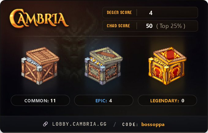 A Cambria gaming dashboard displaying a DEGEN SCORE of 4 and CHAD SCORE of 50 (Top 25%), showing three crate tiers: Common: 11, Epic: 4, and Legendary: 0, with the lobby link 'LOBBY.CAMBRIA.GG' and code 'bossoppa'.