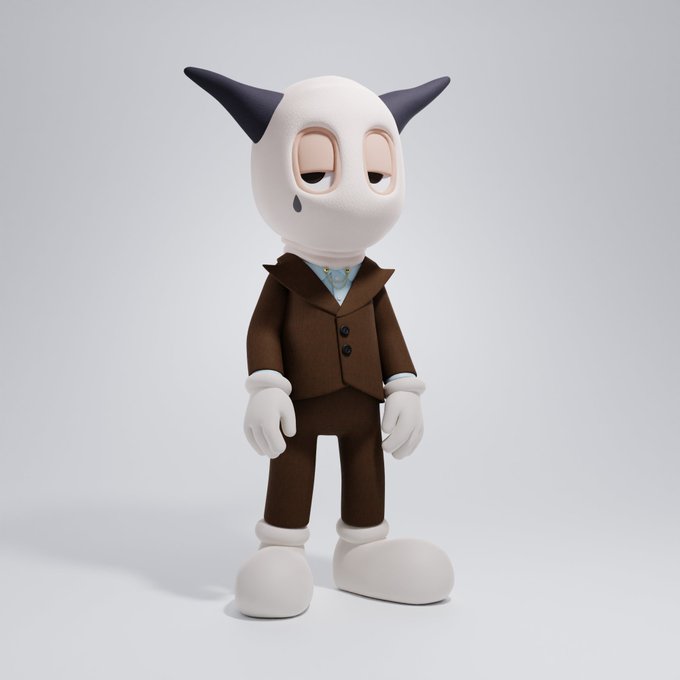 A 3D-rendered cartoon character with a large white head, small horns, and droopy eyes stands against a plain background. The figure wears a brown suit with a teal polka-dot shirt and oversized white shoes, with a tear visible under one eye.