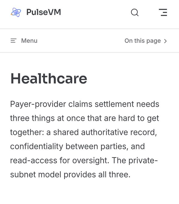 A screenshot of a PulseVM webpage with the heading 'Healthcare' discussing payer-provider claims settlement and the private-subnet model.