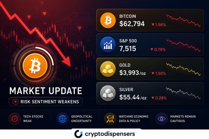 A crypto market update graphic from cryptodispensers showing Bitcoin at $62,794 (-1.56%), S&P 500 at 7,515 (-0.79%), Gold at $3,993/oz (-1.50%), and Silver at $55.44/oz (-0.28%) with "RISK SENTIMENT WEAKENS."