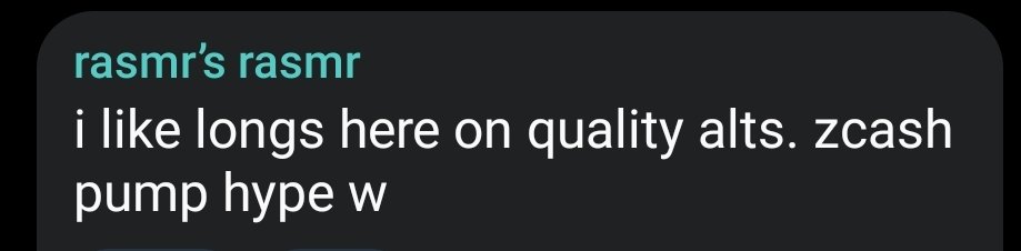 A Discord message from user "rasmr's rasmr" expressing enthusiasm for holding long positions on quality altcoins, specifically referencing the ZCASH pump hype with a casual "w" (win).