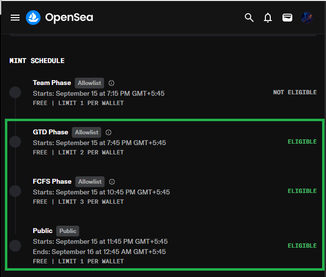 An OpenSea NFT mint schedule showing Team Phase (NOT ELIGIBLE) and three eligible phases highlighted in green: GTD Phase (Allowlist, starts Sept 15 7:45 PM GMT+5:45, limit 2), FCFS Phase (Allowlist, 10:45 PM, limit 3), and Public (11:45 PM, limit 1).