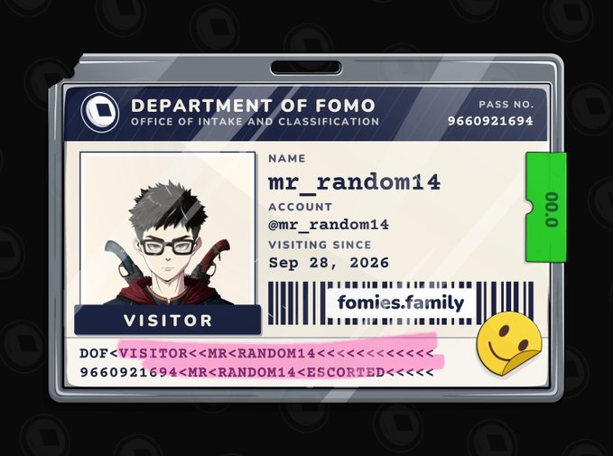 A stylized ID badge from the "DEPARTMENT OF FOMO" Office of Intake and Classification shows "mr_random14" as a visitor with pass number 9660921694 and a visitor since date of Sep 28, 2026. The badge features a barcode, an anime-style character portrait, and a green "GOOD" slider, tied to a free mint whitelist application for the Fomies NFT project.