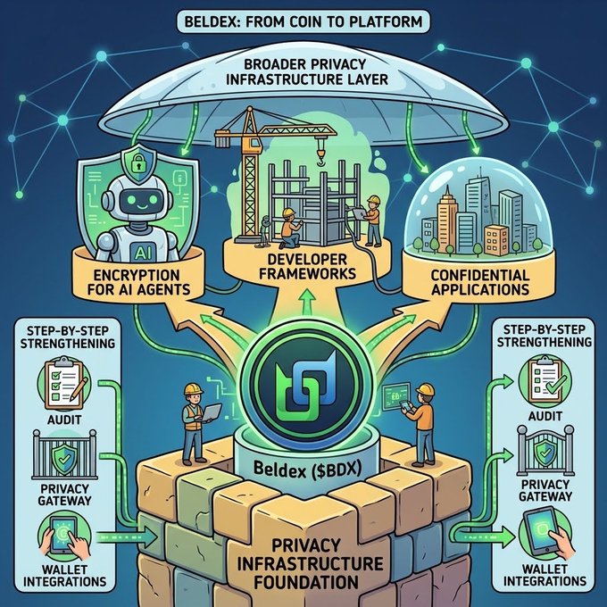 A colorful illustration titled 'BELDEX: FROM COIN TO PLATFORM' depicts the $BDX coin as a privacy infrastructure foundation supporting AI encryption, developer frameworks, and confidential applications.