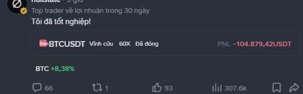 A screenshot of a top trader's profile showing a liquidation of -104,879.42 USDT on a BTCUSDT perpetual contract with 60X leverage, alongside BTC's +8.38% gain, illustrating the post's point that even during BTC's surge, leveraged traders faced massive liquidations.