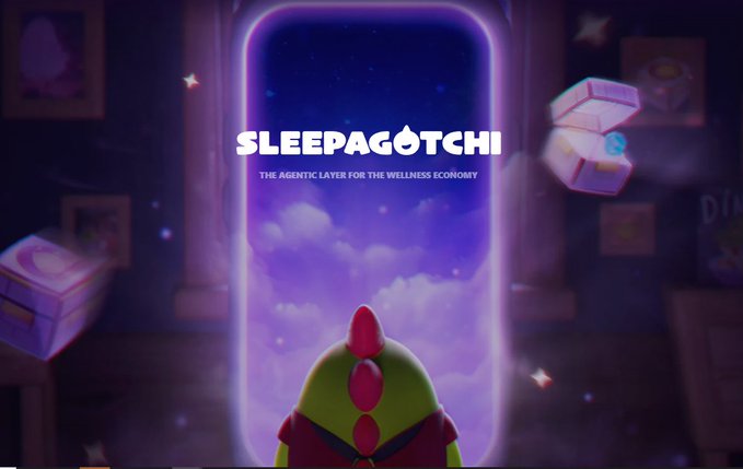 Promotional graphic for 'SLEEPAGOTCHI - THE AGENTIC LAYER FOR THE WELLNESS ECONOMY' featuring a green dinosaur-like character looking through a magical portal.