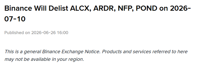 The image shows a Binance Exchange Notice titled "Binance Will Delist ALCX, ARDR, NFP, POND on 2026-07-10," published on 2026-06-26, confirming the Vietnamese post's announcement that Binance will remove these four tokens (Alchemix, Ardor, NFPrompt, and Marlin) from its platform.