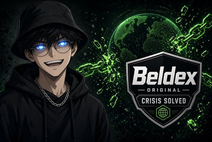 An anime-style character with glowing blue eyes, a black bucket hat, glasses, and a black hoodie stands next to a badge reading 'Beldex ORIGINAL CRISIS SOLVED' against a green digital globe background with chains.