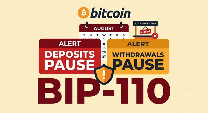 An infographic for 'BITCOIN BIP-110' shows an August calendar with alerts indicating that deposits and withdrawals will be paused.