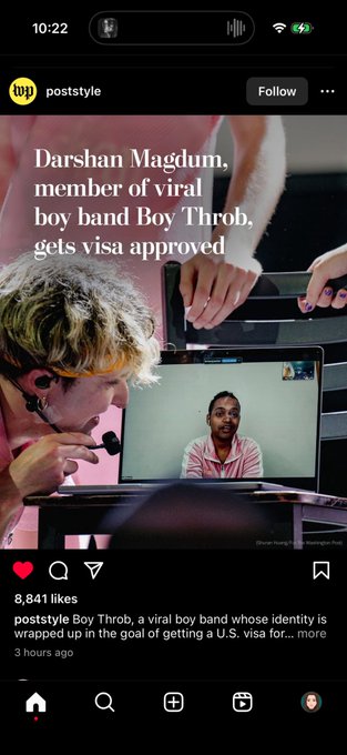 An Instagram post from 'poststyle' with the caption 'Darshan Magdum, member of viral boy band Boy Throb, gets visa approved' shows a screenshot from a video call with 8,841 likes and text below reading 'Boy Throb, a viral boy band whose identity is wrapped up in the goal of getting a U.S. visa for...'.