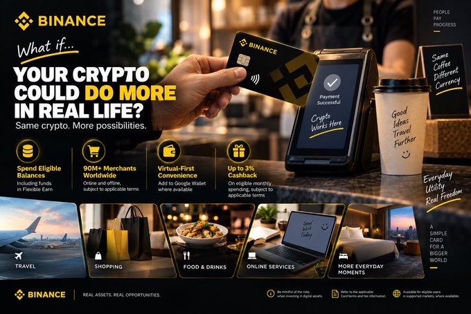 A Binance promotional graphic titled "What if... YOUR CRYPTO COULD DO MORE IN REAL LIFE? Same crypto. More possibilities." featuring the Binance Card in use at a café alongside four key benefits—Spend Eligible Balances, 90M+ Merchants Worldwide, Virtual-First Convenience, and Up to 3% Cashback—paired with lifestyle images for Travel, Shopping, Food & Drinks, Online Services, and More Everyday Moments, illustrating how the Binance Card connects crypto balances to real-world purchases.