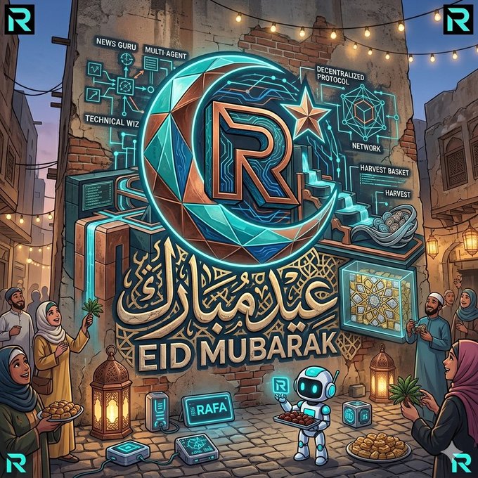 The image features a cartoon illustration of a robot standing next to a building with a large crescent moon and Arabic text that reads "Eid Mubarak CT". The scene includes people gathered around, some holding food items like donuts or cakes. The focus on the robot and its surroundings in relation to the text suggests that it is an AI-generated image designed for social media platforms such as R RFaFa.