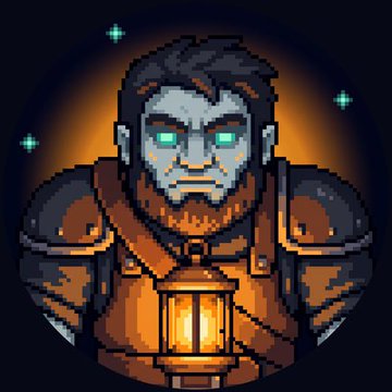 A pixel-art portrait of a bearded warrior in rugged armor holding a glowing lantern, set against a starry night backdrop — fitting the dark fantasy, dungeon-crawling aesthetic of Hollowfall, Robinhood Chain's first Play2Earn game where players battle PvE challenges to earn $ORE tokens through its onchain NFT economy.