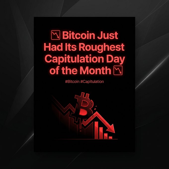 A digital graphic with a dark background and red text reading 'Bitcoin Just Had Its Roughest Capitulation Day of the Month' accompanied by a falling red chart and Bitcoin symbol.