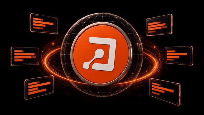 A digital graphic featuring an orange circular logo with a white icon at the middle, encased in a wireframe sphere with glowing orange rings, surrounded by floating rectangular screens displaying horizontal bars on a dark background.
