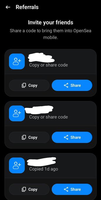 An OpenSea mobile referrals page showing three invitation options to copy or share codes to invite friends, with one showing it was copied 1 day ago.