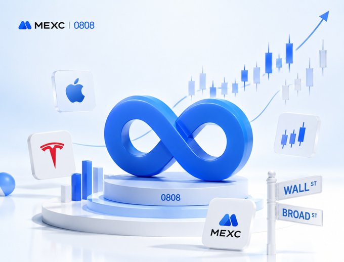 A promotional graphic for MEXC's "0808" Stock Season campaign features a large blue infinity symbol on a pedestal labeled "0808," surrounded by Apple and Tesla logos, a rising candlestick chart, "Wall St" and "Broad St" signs, and the MEXC logo. The infinity symbol visually reinforces the post's message that the campaign offers seemingly endless ways to access the stock market through Stock Futures, Tokenized Stocks, and RealStocks—three interconnected product lines converging at the "0808" event.