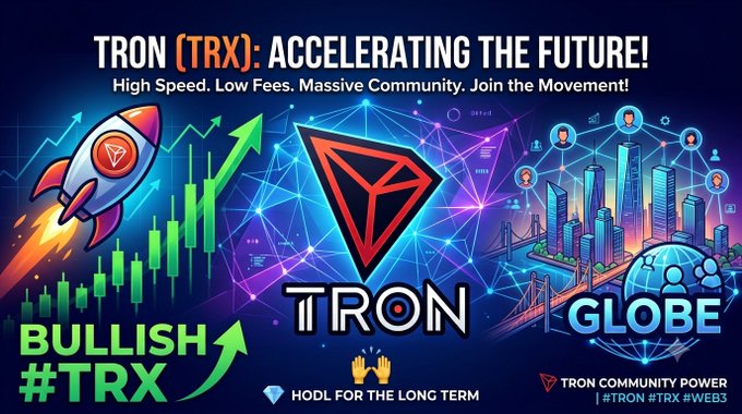 A promotional graphic for TRON (TRX) cryptocurrency with the text 'TRON (TRX): ACCELERATING THE FUTURE! High Speed. Low Fees. Massive Community. Join the Movement!' and 'BULLISH #TRX'.