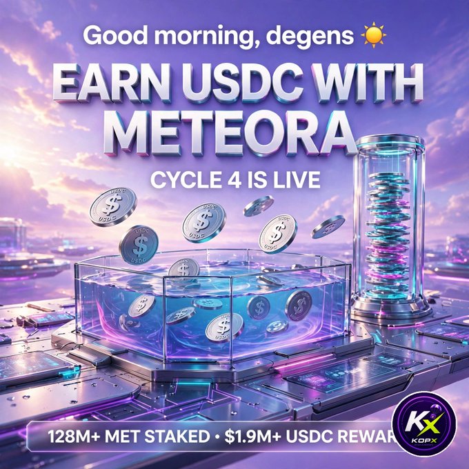 A colorful crypto promotional graphic reads “Good morning, degens” and “EARN USDC WITH METEORA,” with “CYCLE 4 IS LIVE,” “128M+ MET STAKED,” “$1.9M+ USDC REWARD,” and a KDX logo.