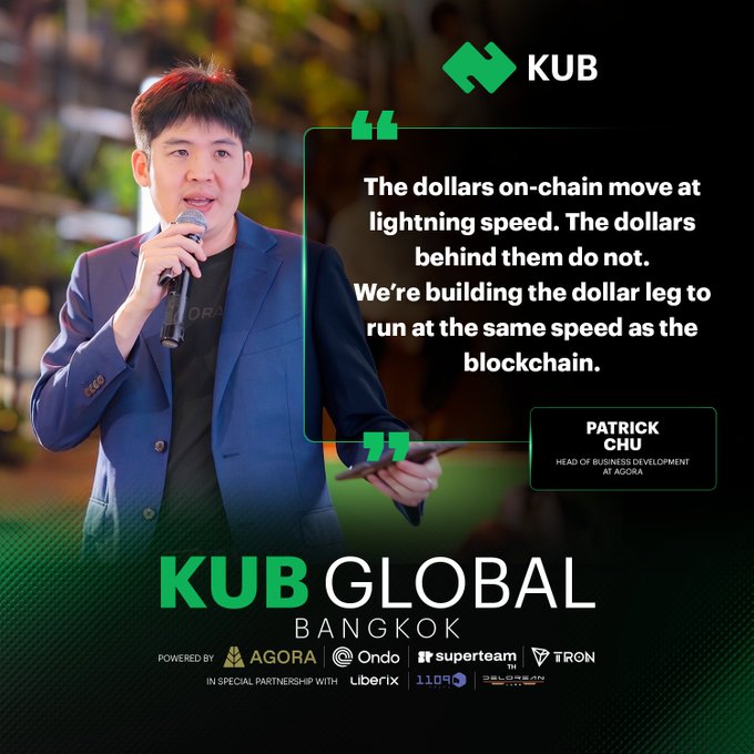A promotional image for KUB Global Bangkok featuring Patrick Chu, Head of Business Development at Agora, with a quote about on-chain dollars and blockchain speed.
