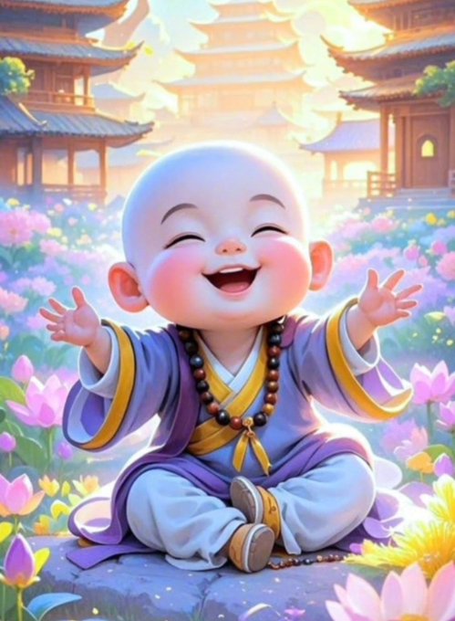 A digital illustration of a joyful baby monk with arms outstretched, wearing purple and yellow robes and a prayer bead necklace, sitting in a field of flowers with traditional East Asian temples in the background.