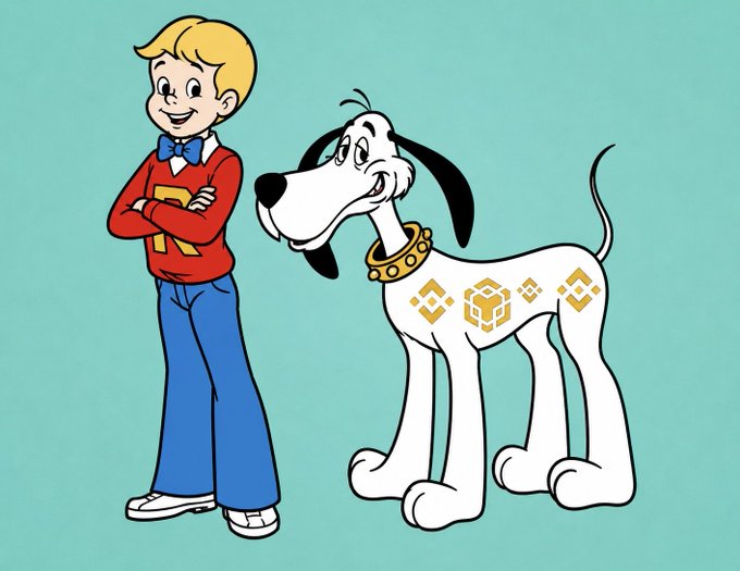 A cartoon illustration of a blonde boy in a red sweater and bow tie standing next to a white dog with black spots wearing a gold collar featuring Binance logos.