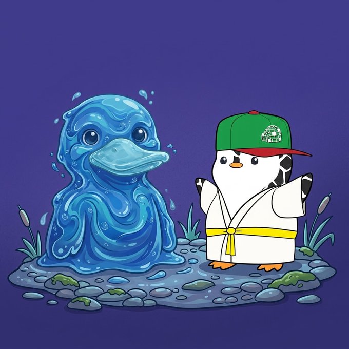 A cartoon illustration of a blue water-like creature standing next to a penguin wearing a karate gi and a green and red cap on a purple background.