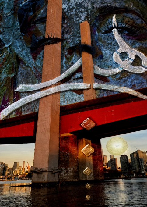 A surreal artwork combining a bridge structure with a woman's painted face featuring closed eyes, set against a cityscape and a glowing sun over water.