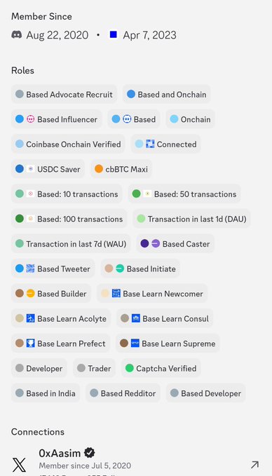 A screenshot of a Discord profile showing a user joined on Aug 22, 2020, and earned the "Based and Onchain" role on Apr 7, 2023, with a collection of badges including "USDC Saver," "cbBTC Maxi," "Based: 100 transactions," "Base Learn Supreme," and "Based Caster." The image illustrates the user's post about joining the Base Discord over 3 years ago and accumulating numerous roles like "Based Builder," "Based Influencer," and "Developer" since then.