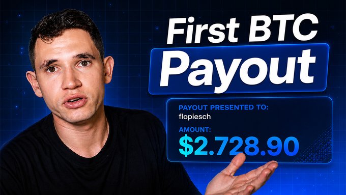 A YouTube thumbnail showing a man announcing a 'First BTC Payout' of $2,728.90 presented to 'flopiesch' against a blue tech background.