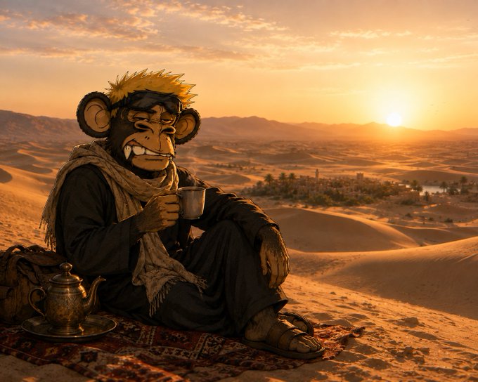 An AI-generated illustration of a monkey with spiky blonde hair, wearing sunglasses and dark robes, sitting cross-legged on a rug in a desert setting at sunset, holding a cup with a traditional teapot beside it.