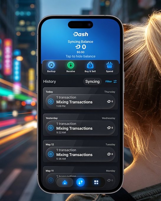 The image shows a cell phone screen displaying information about a mobile banking app called Dash, which offers features such as synchronization balance, transactions, and history tracking. The person's face can be seen in the background of the image, but their attention is focused on the phone screen.