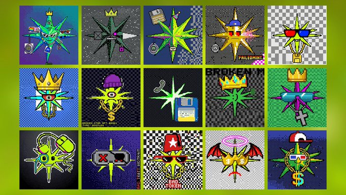 A grid of 15 stylized, graffiti-inspired green star/comet characters with crowns, sunglasses, chains, and various accessories on different patterned backgrounds.