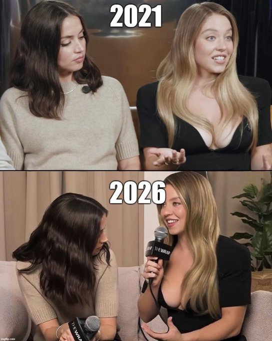 The image shows two women with long hair sitting next to each other, both holding microphones. They are wearing black tops and appear to be participating in a live interview or discussion about Bitcoin. The text "2026" can be seen on one of the photos, which suggests that this might be an older photo being compared to a more recent one.