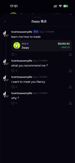 The image shows a screenshot of comments on a Zeppy token post, where user "1cointosavelife" repeatedly asks to learn trading, meet "Nancy," and seeks recommendations, receiving only 1-4 likes per comment. This reflects the follower's persistent but misguided engagement described in the post—someone who imitates trades without understanding the strategy, leading to $50,000 in losses instead of taking profits on the $9,092.40 Zeppy token shown (+$661.75 gain).