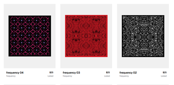 Three artwork listings displayed side by side labeled 'frequency 04' (black with pink pattern, $25), 'frequency 03' (red with black pattern, $25), and 'frequency 02' (black with silver pattern, $25), all marked 'Listed'.